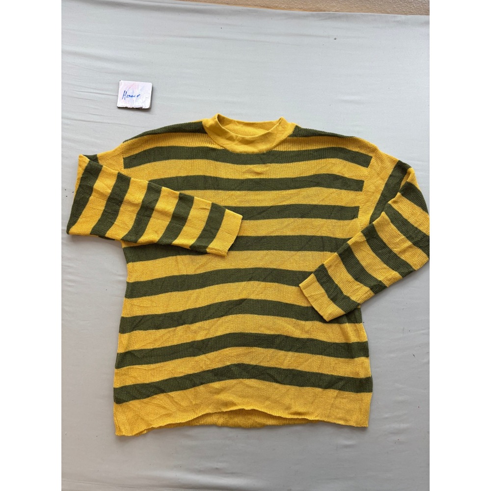 Yellow and Green Striped Knit Crewneck Sweater Long Sleeve Relaxed Fit Large